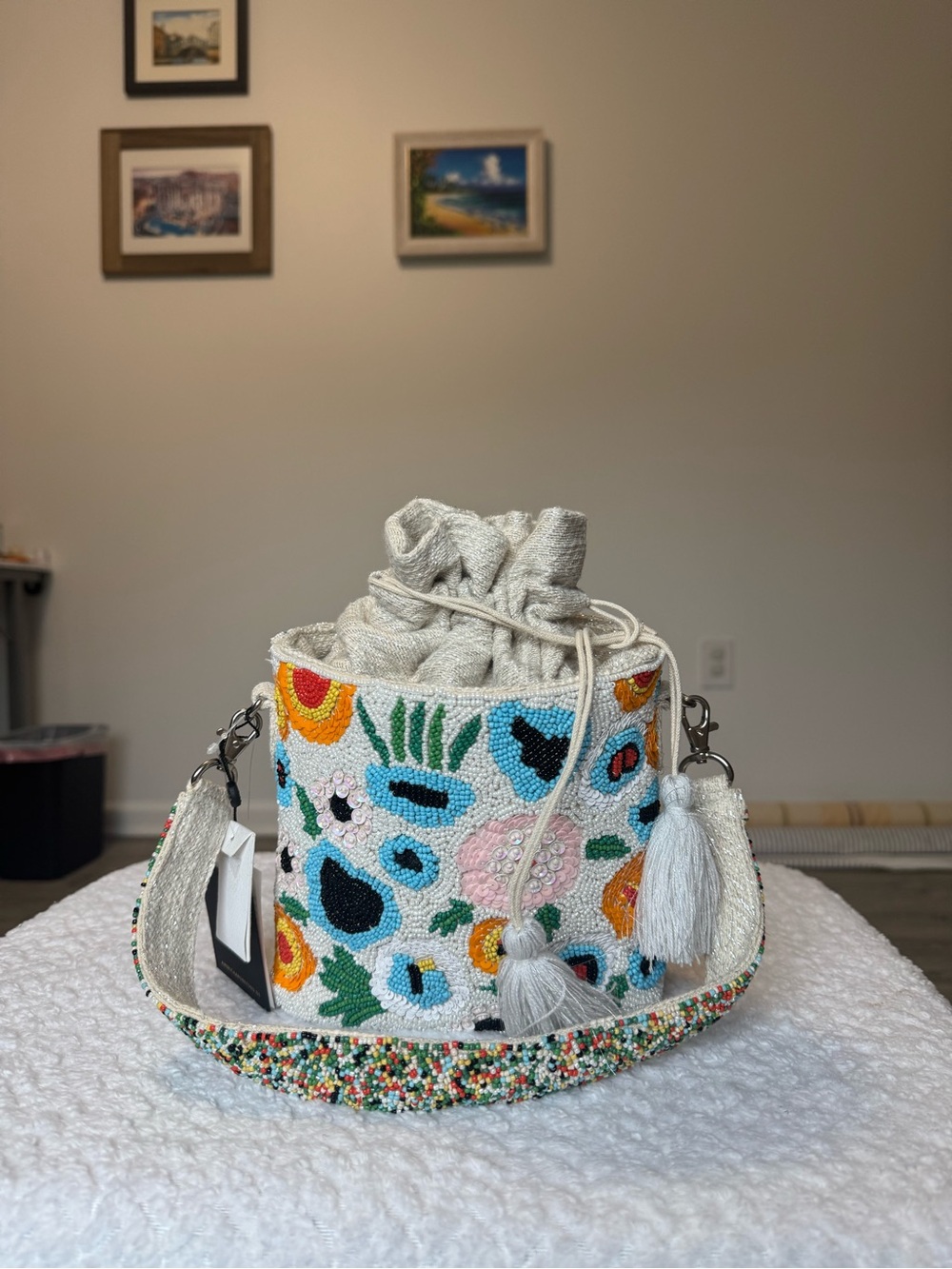 America and Beyond Beaded Floral Bucket Bag with Tassel Drawstring